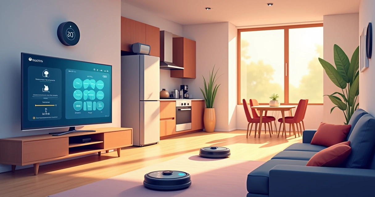 Ilustração de um interior de casa inteligente com recursos de automação, como controle de luz, temperatura e segurança.