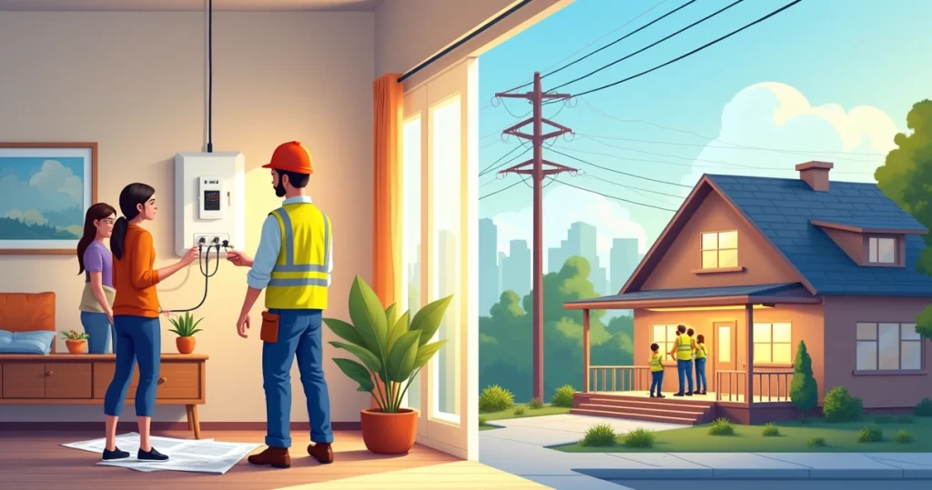Eletricista avaliando projeto elétrico residencial com família e equipe em ambiente seguro, colorido e iluminado.