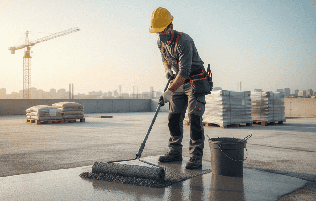 Aplicação de cimento elástico em laje exposta com rolo, antes do piso de alto tráfego.