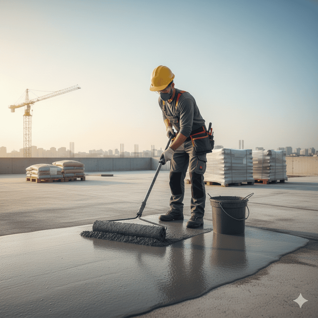 Aplicação de cimento elástico em laje exposta com rolo, antes do piso de alto tráfego.