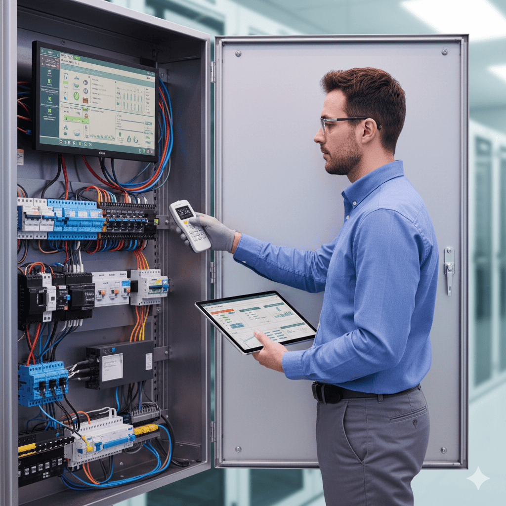 Engenheiro ajustando controle remoto de temperatura em painel de automação predial.