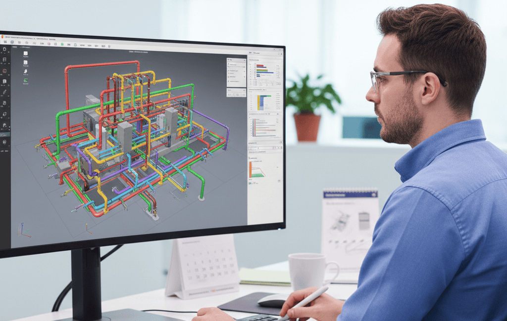 Engenheiro analisando modelo BIM de infraestrutura elétrica em tela de computador.