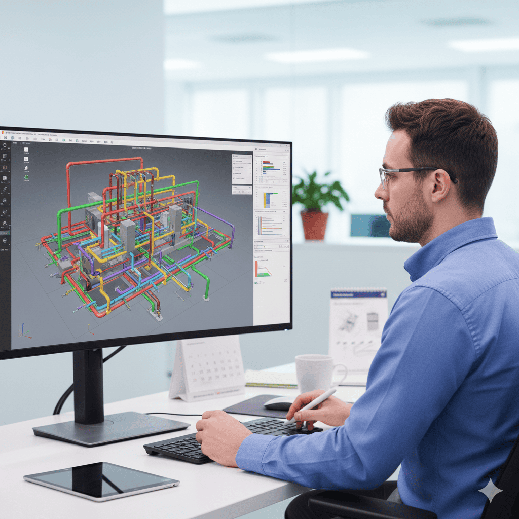Engenheiro analisando modelo BIM de infraestrutura elétrica em tela de computador.