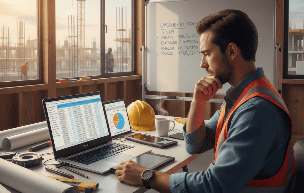 Engenheiro analisando planilha de custos com encargos trabalhistas e imprevistos da obra.
