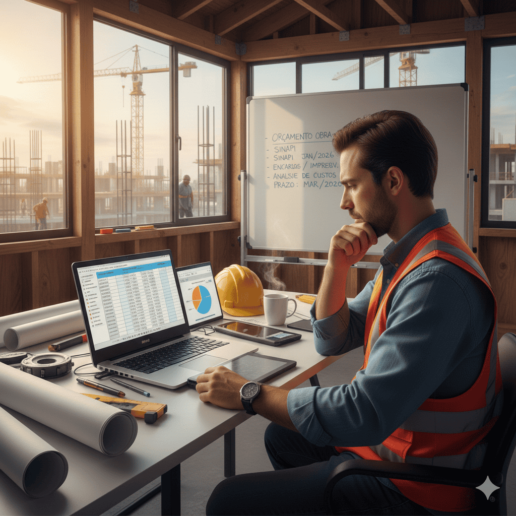 Engenheiro analisando planilha de custos com encargos trabalhistas e imprevistos da obra.