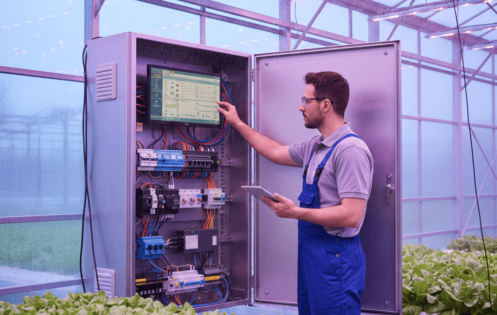 Engenheiro configurando painel de automação de irrigação em estufa climatizada.
