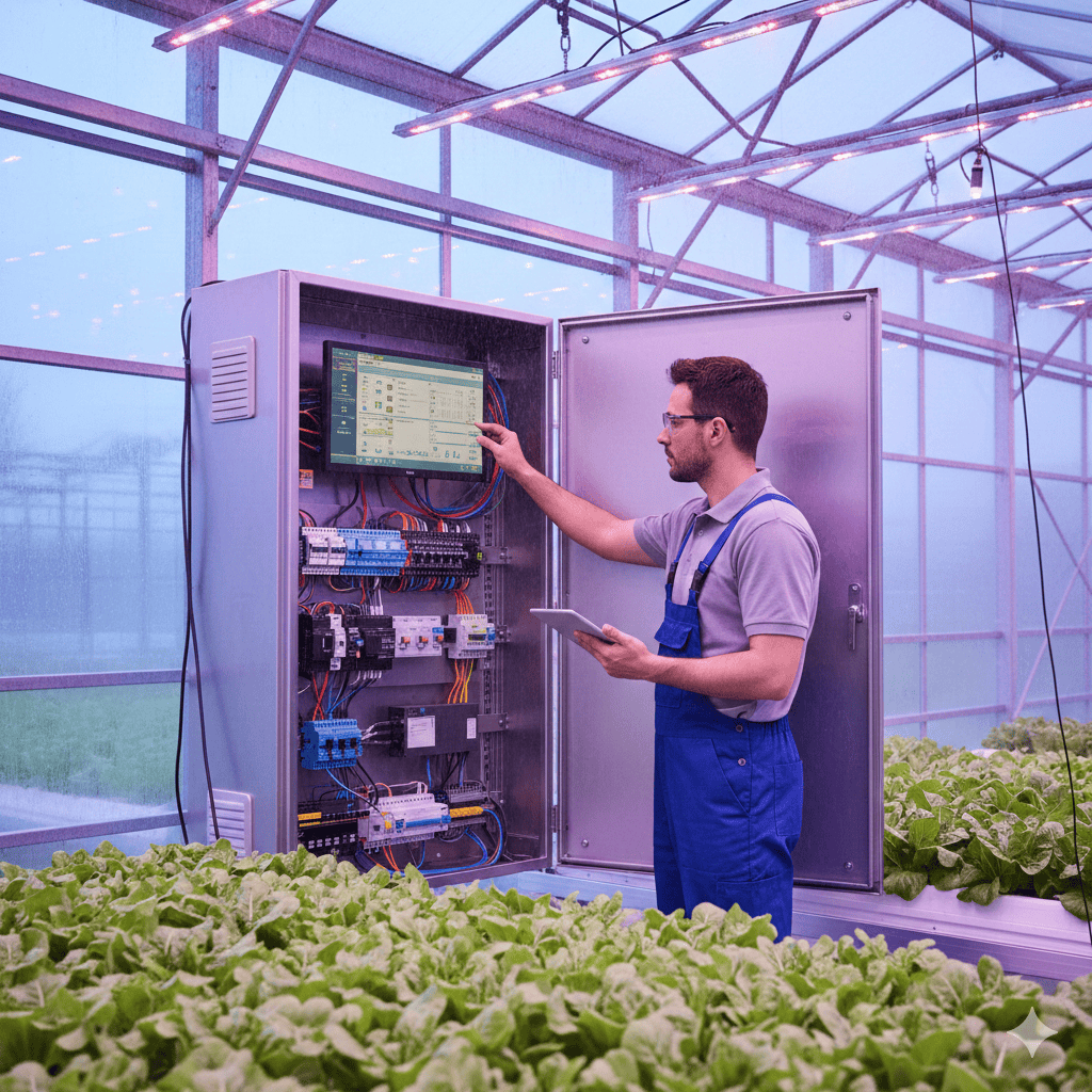 Engenheiro configurando painel de automação de irrigação em estufa climatizada.