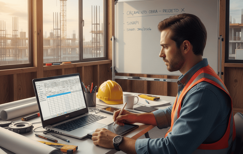 Engenheiro preenchendo planilha de orçamento de obra com SINAPI no notebook.