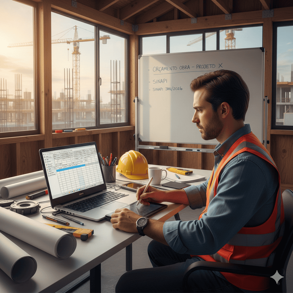 Engenheiro preenchendo planilha de orçamento de obra com SINAPI no notebook.