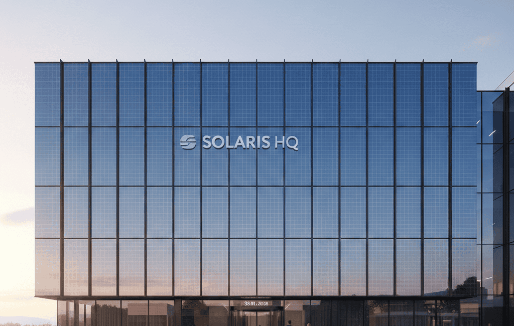 Fachada de edifício comercial com painéis fotovoltaicos BIPV integrados ao vidro.