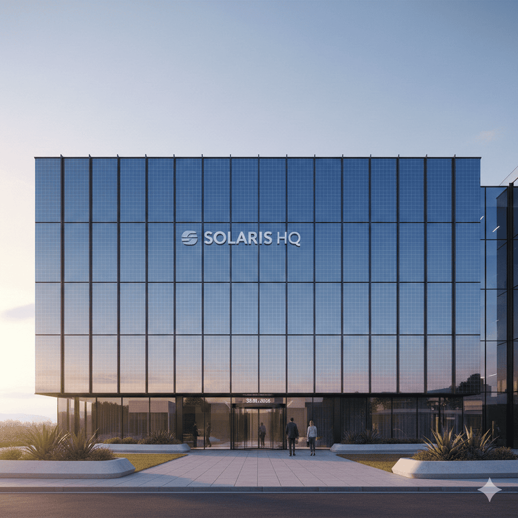 Fachada de edifício comercial com painéis fotovoltaicos BIPV integrados ao vidro.