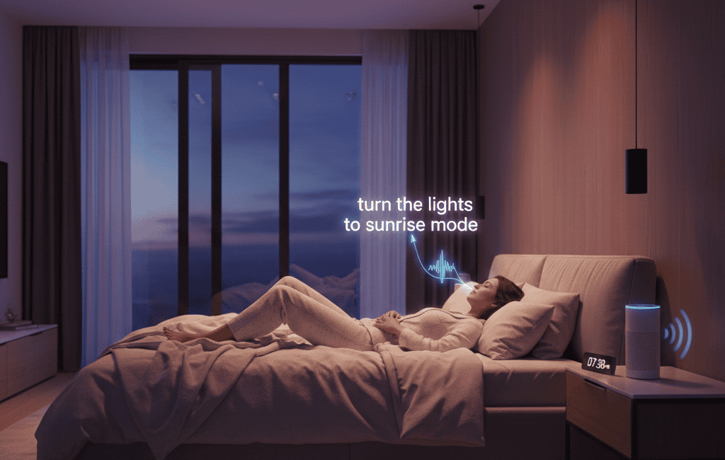 Pessoa deitada no quarto controlando a iluminação por voz com assistente inteligente.