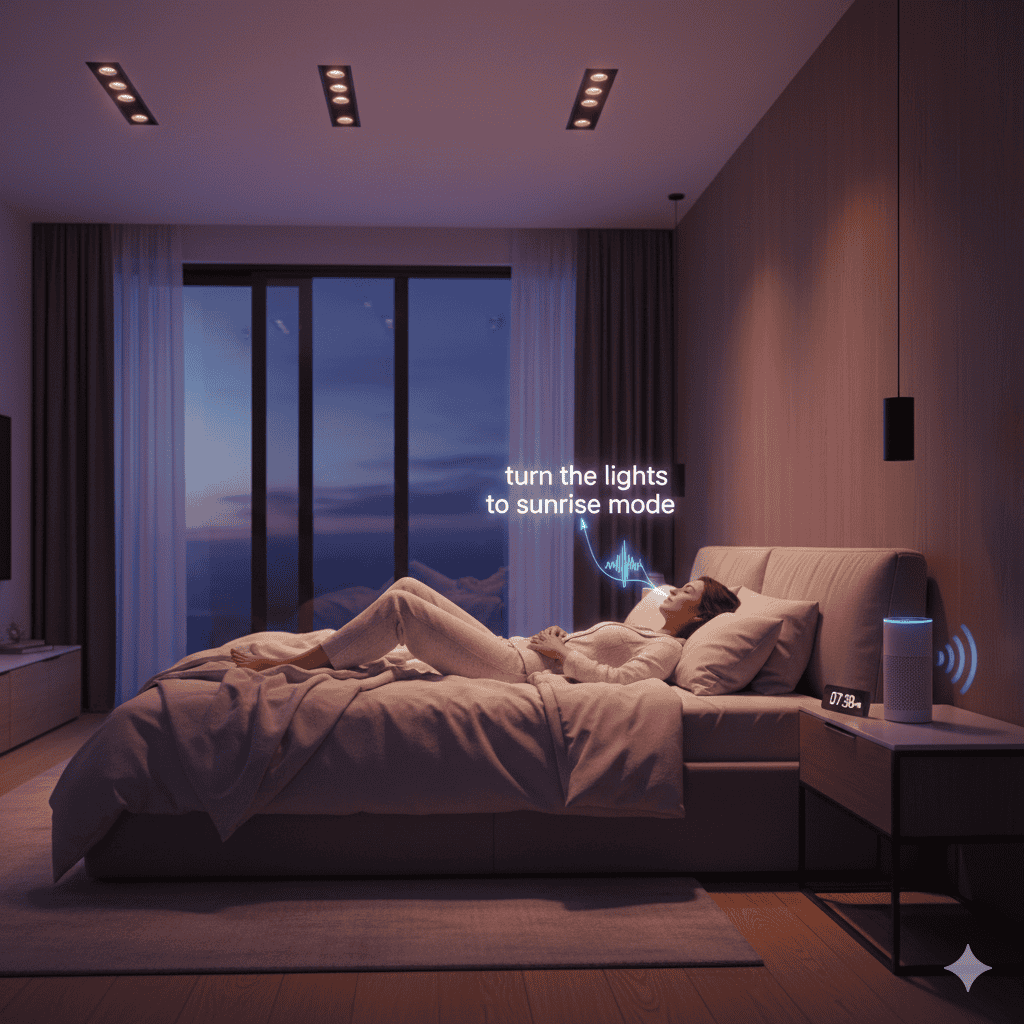Pessoa deitada no quarto controlando a iluminação por voz com assistente inteligente.