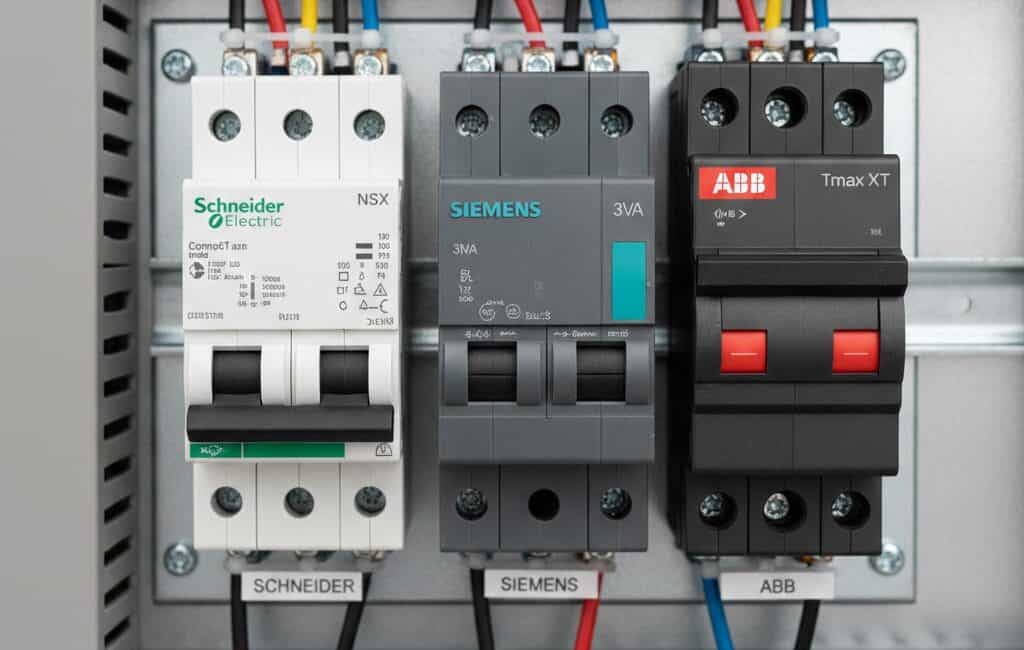 Tres disjuntores caixa moldada Schneider Siemens ABB alinhados em painel.