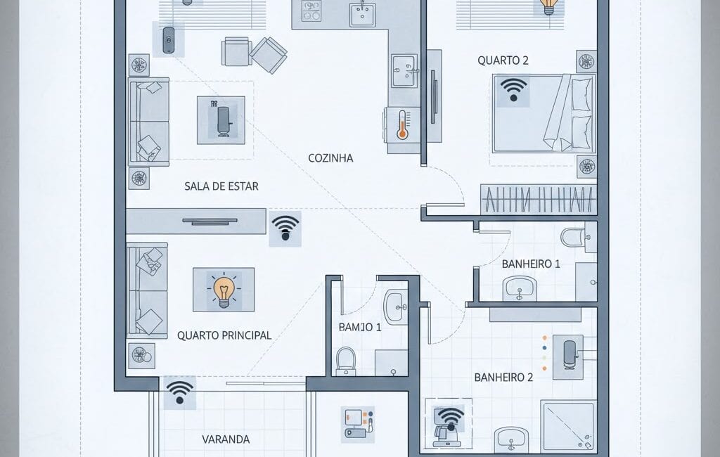 Planta de apartamento com ícones de automação e domótica integrados.