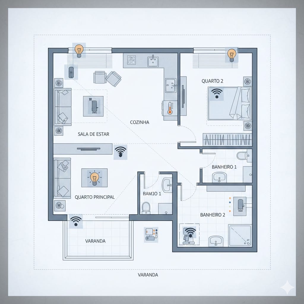 Planta de apartamento com ícones de automação e domótica integrados.