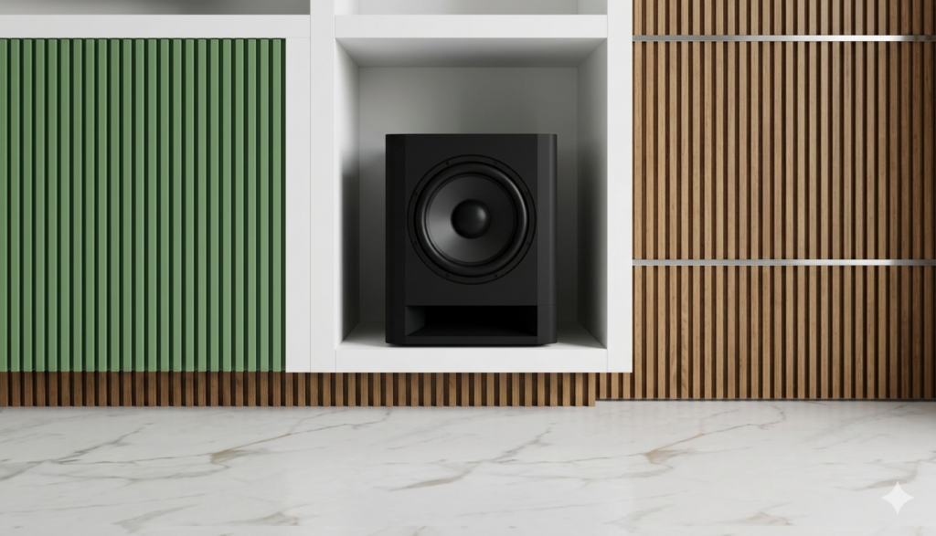 home theater de luxo com subwoofer instalado em ambiente de alto padrão