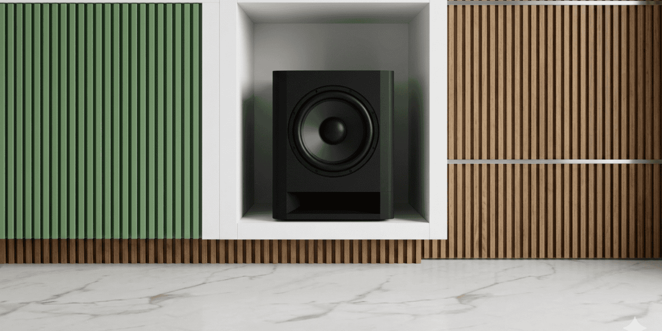 home theater de luxo com subwoofer instalado em ambiente de alto padrão