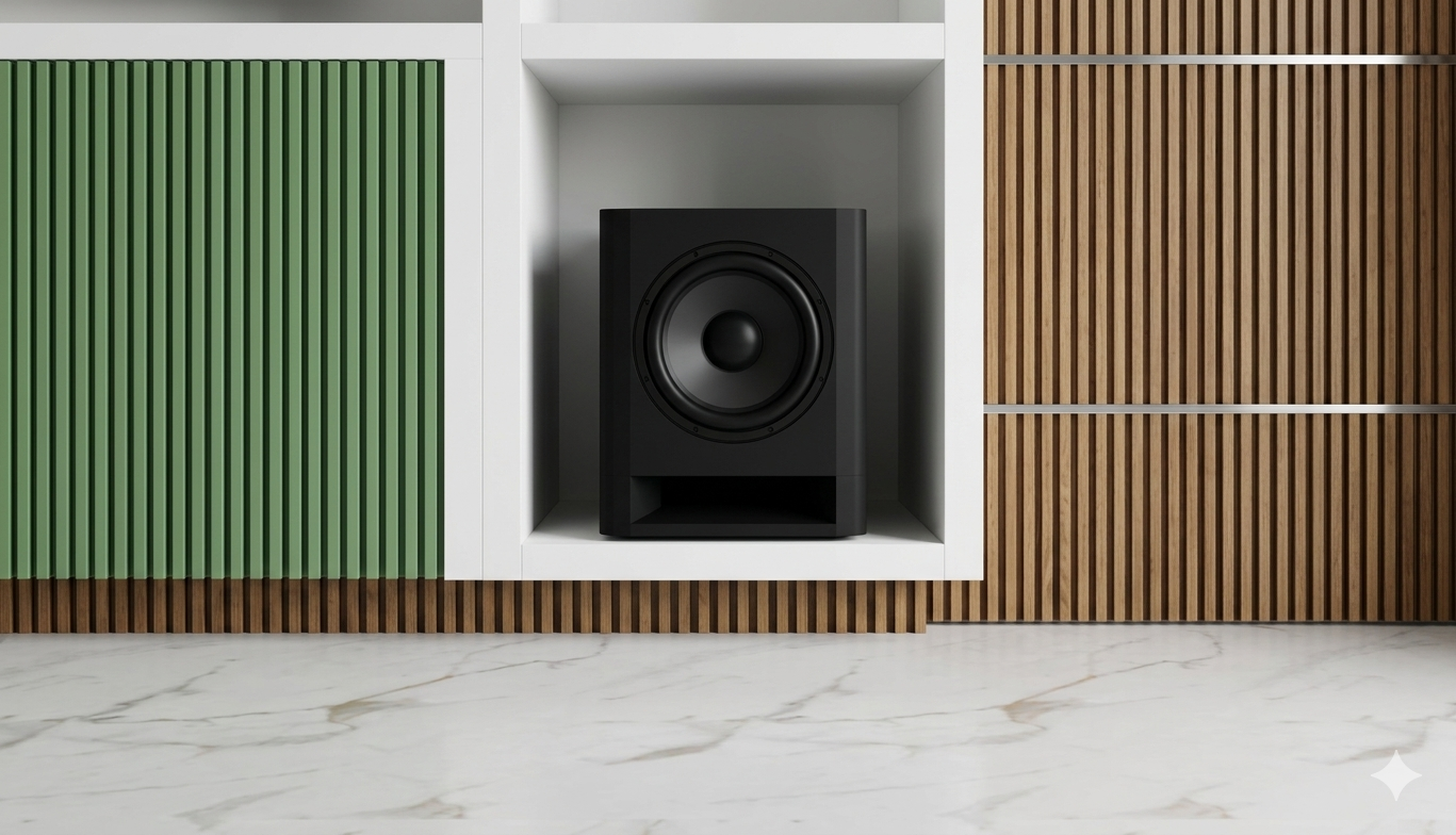 home theater de luxo com subwoofer instalado em ambiente de alto padrão